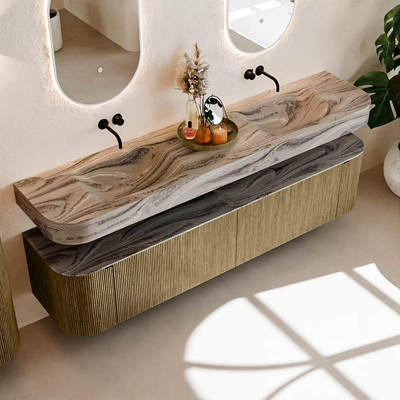 MONDIAZ THOR-DLUX 200cm meuble de salle de bains arrondi gauche + droite couleur Dusk avec 2 tiroirs et 2 portes. Vasque suspendue CLOUD Double sans trou de robinet couleur Sombra.