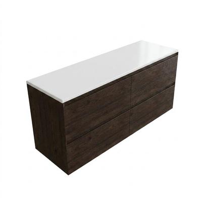 Saniclass Holz Pure Ensemble meuble de salle de bains - 140x45x62.5cm - plan de toilette Torino en solid surface blanc - sans trou de robinet - 4 tiroirs - chêne charcoal mat (bois)