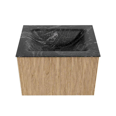 MONDIAZ KURVE-DLUX Meuble de salle de bains 60 cm couleur Oak avec 1 tiroir. Lavabo CLOUD central sans trou de robinet couleur Lava.