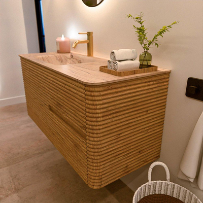 Mondiaz CIRO-DLUX Meuble de salle de bains - 110x45x50cm - Vasque solid surface Arena - 1 lavabo à gauche - 1 trou de robinet - 2 tiroirs - Chêne