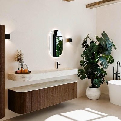 MONDIAZ THOR-DLUX 170cm meuble de salle de bains arrondi gauche + droite couleur Walnut avec 1 tiroir et 2 portes. Vasque suspendue CLOUD Droite 1 trou de robinet couleur Ostra.