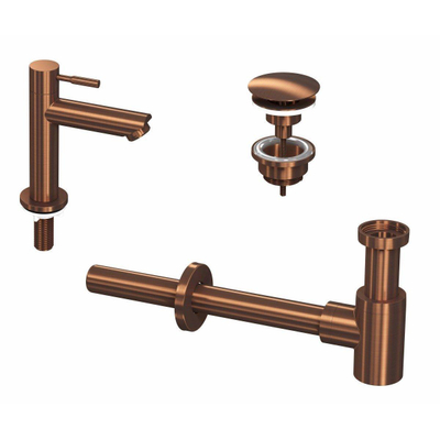 INK 1A Kit robinet lave-mains - robinet lave-mains sur pied - bas - toujours ouvert - bonde et siphon design - Mat rose doré