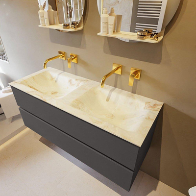 Mondiaz VICA-DLUX Ensemble de meuble de salle de bain - 120cm - meuble sous-vasque gris foncé - 2 tiroirs - lavabo encastré cloud double - sans trous de robinet - version haute de 60cm - frape