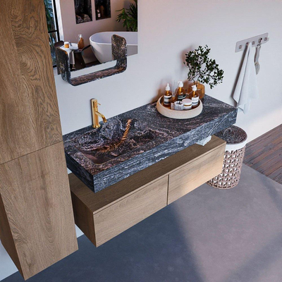 Mondiaz ALAN-DLUX Ensemble de meuble - 120cm - meuble Washed Oak mat - 2 tiroirs - Lavabo Cloud Lava suspendu - vasque Gauche - 1 trou de robinet