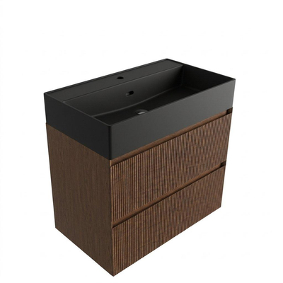 Saniclass Holz Atelier Badkamermeubelset - 80x45x72cm - Legend keramische wastafel mat zwart - 1 wasbak - zonder kraangat - 2 lades - mat walnut pure (hout)