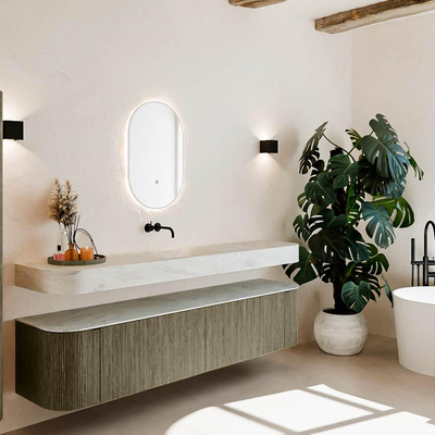 MONDIAZ THOR-DLUX 200cm meuble de salle de bains arrondi gauche + droite couleur Shadow avec 2 tiroirs et 2 portes. Vasque suspendue CLOUD Milieu sans trou de robinet couleur Opalo.