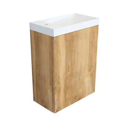 Arcqua Marble Ensemble fontaine - 40x22x54.5cm - fontaine blanc brillant - avec trop-plein - chêne naturel