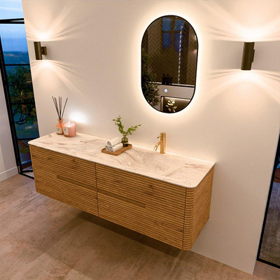 Mondiaz CIRO-DLUX Ensemble de meubles de salle de bains - 160x45x50cm - Plan vasque solid surface Frappe - 1 lavabo à droite - 1 trou de robinet - 4 tiroirs - Chêne