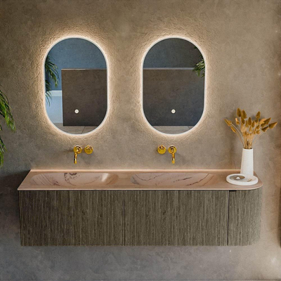 MONDIAZ KURVE-DLUX meuble de salle de bains 165cm arrondi à droite couleur Shadow avec 2 tiroirs et 1 porte. Lavabo STOR SMALL Double / Gauche sans trou de robinet Arena.