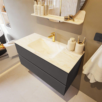 Mondiaz VICA-DLUX Ensemble de meuble de salle de bain - 100cm - meuble sous-vasque gris foncé - 2 tiroirs - lavabo encastré nuage milieu - 1 trou de robinet - version haute de 60cm - ostra