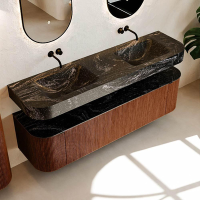 MONDIAZ THOR-DLUX 170cm meuble de salle de bains arrondi gauche + droite couleur Ruby avec 1 tiroir et 2 portes. Vasque suspendue CLOUD Double sans trou de robinet couleur Lava.