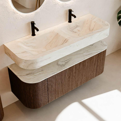 MONDIAZ THOR-DLUX 130cm meuble de salle de bains arrondi gauche + droite couleur Walnut avec 1 tiroir et 2 portes. Vasque suspendue CLOUD Double 2 trous de robinet couleur Ostra.