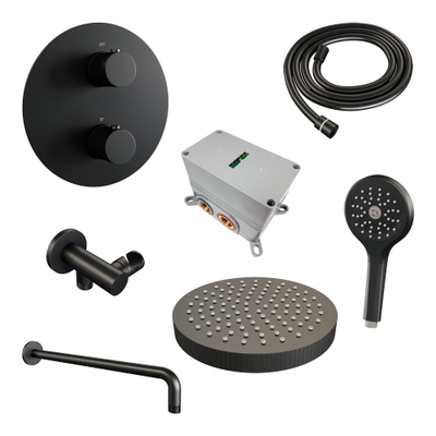 BRAUER Stripe Douche de tête thermostatique encastrée - 3 voies - ronde - SET 41 - pomme de douche 25cm - bras mural courbé - douchette 3 positions - flexible de douche - coude mural - noir mat