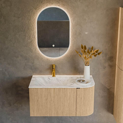 MONDIAZ KURVE-DLUX meuble de salle de bains 85cm avec module 25 R couleur chêne avec 1 tiroir et 1 porte. Vasque CLOUD gauche 1 trou de robinet couleur Glace.
