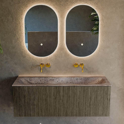 MONDIAZ KURVE-DLUX Meuble de salle de bains 120 cm couleur Shadow avec 1 tiroir et 0 porte. Lavabo BIG LARGE au milieu sans trou de robinet Oza.