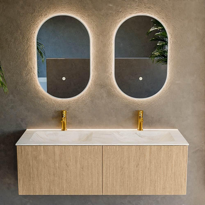 MONDIAZ KURVE-DLUX Meuble de salle de bains 130 cm couleur Oak avec 2 tiroirs. Lavabo LEAF double 2 trous de robinet couleur Ostra.