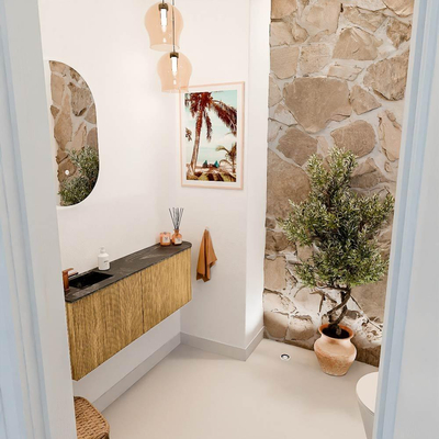 Mondiaz JOYA-DLUX 111.6cm toiletmeubel - ronding rechts kleur Oak - Wastafel FAYE positie Links 1 kraangat kleur Lava.