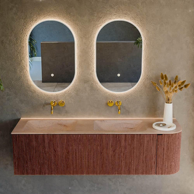 MONDIAZ KURVE-DLUX 155cm badmeubel ronding Rechts kleur Ruby met 2 lades en 1 deur. Wastafel LEAF Dubbel / Links zonder kraangat Saba.