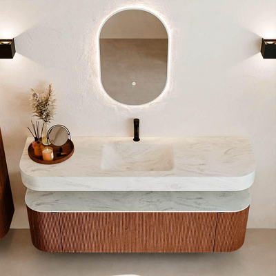 MONDIAZ THOR-DLUX 160cm meuble de salle de bains arrondi gauche + droite couleur Ruby avec 1 tiroir et 2 portes. Vasque suspendue CLOUD Milieu 1 trou de robinet couleur Opalo.