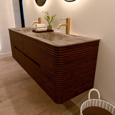Mondiaz CIRO-DLUX Badkamermeubelset - 150x45x50cm - Solid surface wastafel Oza - 2 wasbak Dubbel - 2 kraangaten - 4 lades - Ruby