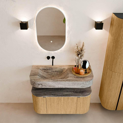 MONDIAZ THOR-DLUX 100cm badmeubel ronding links + rechts kleur Oak met 1 lade en 2 deuren. Vrijhangende wastafel CLOUD Links zonder kraangat kleur Oza.