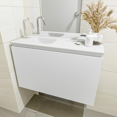 Mondiaz OLAN Meuble lave-mains 80x30x40cm 1 trou de robinet 1 tiroir Talc mat avec lavabo LEX Gauche Solid Surface Blanc