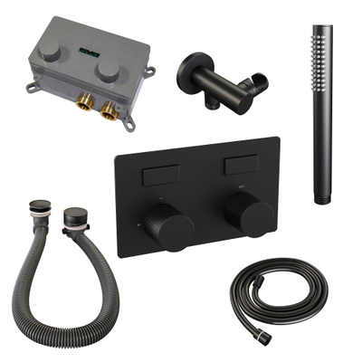 BRAUER Black Carving thermostatische inbouw badkraan - drukknoppen SET 03 - badvulcombinatie - staaf handdouche - doucheslang - wandaansluitbocht - zwart mat