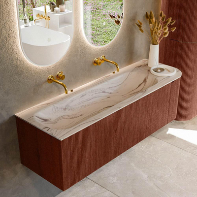 MONDIAZ KURVE-DLUX Meuble de salle de bains 145cm arrondi à droite couleur Ruby avec 1 tiroir et 1 porte. Lavabo BIG LARGE à gauche sans trou de robinet Nata.