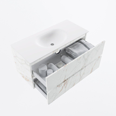 Mondiaz VICA ensemble de meuble de salle de bain - 100cm - meuble sous-vasque carrara - 2 tiroirs - lavabo moon milieu - 1 trou de robinet - version haute de 60cm - talc