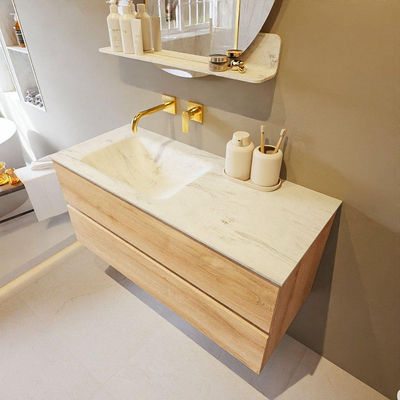 MONDIAZ VICA-DLUX Ensemble meuble de salle de bains - 110cm - meuble bas chêne blanchi - 2 tiroirs - vasque encastrée cloud gauche - sans trous de robinet - version haute 60cm - opalo