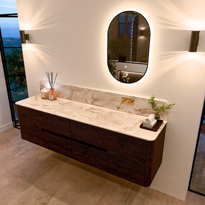 Mondiaz CIRO-DLUX Badkamermeubelset - 180x45x50cm - Solid surface wastafel Frappe - 1 wasbak Rechts - zonder kraangaten - 4 lades - Walnut