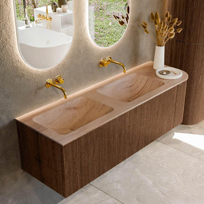 MONDIAZ KURVE-DLUX 145cm badmeubel ronding Rechts kleur Walnut met 1 lade en 1 deur. Wastafel LEAF Dubbel / Links zonder kraangat Saba.