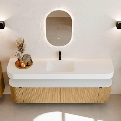 MONDIAZ THOR Meuble de salle de bains - 190cm - arrondi gauche + droite - couleur Oak - 2 tiroirs et 2 portes - Vasque suspendue CLOUD Milieu 1 trou de robinet - couleur Talc