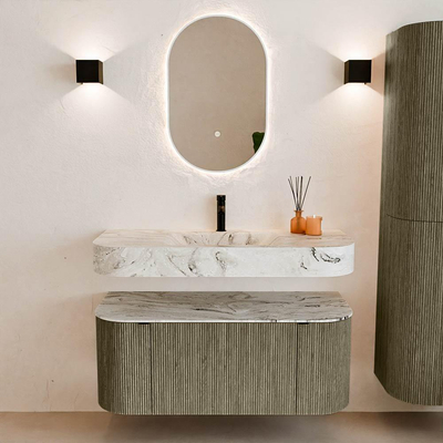 MONDIAZ THOR-DLUX Meuble de salle de bains 110cm arrondi gauche + droite couleur Shadow avec 1 tiroir et 2 portes. Vasque suspendue CLOUD Milieu 1 trou de robinet couleur Glace.