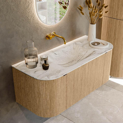 MONDIAZ KURVE-DLUX Meuble de salle de bains 110 cm avec module 25 Len R couleur Oak avec 1 tiroir et 2 portes. Lavabo CLOUD central sans trou de robinet couleur Glace.