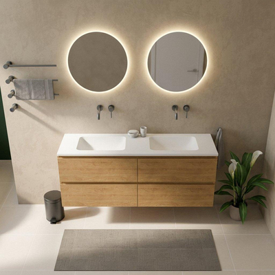 Saniclass Holz Pure Ensemble de meubles de salle de bains - 160x45x77.5cm - vasque Torino en solid surface blanc - sans trou de robinetterie - 4 tiroirs - chêne natural mat (bois)