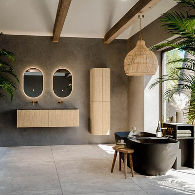 MONDIAZ KURVE-DLUX Meuble de salle de bains 140cm couleur Chêne avec 2 tiroirs. Lavabo STOR SMALL double sans trou de robinet couleur Lava.