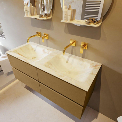 Mondiaz VICA-DLUX ensemble de meuble de salle de bain - 120cm - meuble sous-vasque oro - 4 tiroirs - lavabo encastré cloud double - sans trous de robinet - version haute de 60cm - frape