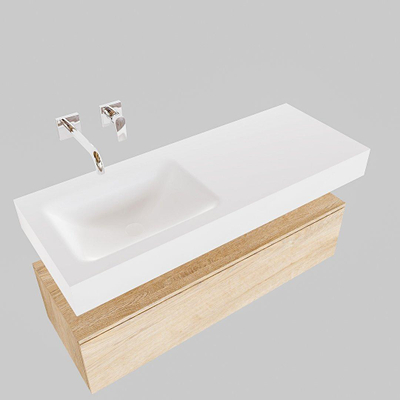 MONDIAZ ALAN 120cm - meuble bas - chêne lavé - 1 tiroir - lavabo suspendu - vasque à gauche - 0 trous de robinet - talc