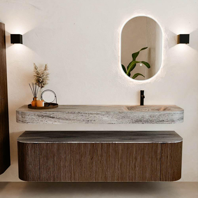 MONDIAZ THOR-DLUX 170cm badmeubel ronding links + rechts kleur Walnut met 1 lade en 2 deuren. Vrijhangende wastafel CLOUD Rechts 1 kraangat kleur Oza.