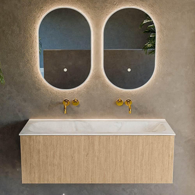 MONDIAZ KURVE-DLUX Meuble de salle de bains 120 cm couleur Oak avec 1 tiroir. Lavabo BIG LARGE central sans trou de robinet couleur Ostra.