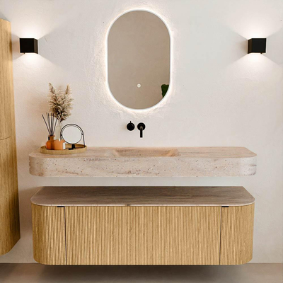 MONDIAZ THOR-DLUX 150cm badmeubel ronding links + rechts kleur Oak met 1 lade en 2 deuren. Vrijhangende wastafel CLOUD Midden zonder kraangat kleur Saba.