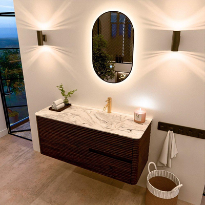 Mondiaz CIRO-DLUX Badkamermeubelset - 120x45x50cm - Solid surface wastafel Glace - 1 wasbak Rechts - 1 kraangat - 2 lades - Walnut