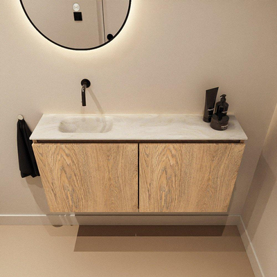 MONDIAZ TURE-DLUX Meuble toilette - 100cm - Washed Oak - EDEN - vasque Ostra - position gauche - sans trou de robinet