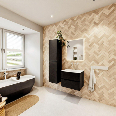 MONDIAZ VICA meuble sous lavabo 60cm Urban 2 tiroirs. Lavabo MOON central sans trou de robinet, couleur Talc.