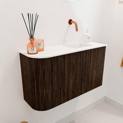 Mondiaz JOYA 71.6cm toiletmeubel - ronding links kleur Walnut - Wastafel FAYE positie Rechts Zonder kraangat kleur Talc.