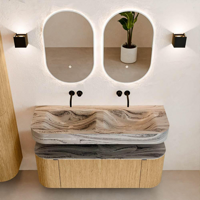 MONDIAZ THOR-DLUX 130cm badmeubel ronding links + rechts kleur Oak met 1 lade en 2 deuren. Vrijhangende wastafel CLOUD Dubbel zonder kraangat kleur Sombra.