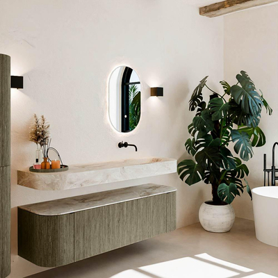 MONDIAZ THOR-DLUX 160cm meuble de salle de bains arrondi gauche + droite couleur Shadow avec 1 tiroir et 2 portes. Vasque suspendue CLOUD Droite sans trou de robinet couleur Frappe.