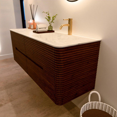 Mondiaz CIRO-DLUX Badkamermeubelset - 140x45x50cm - Solid surface wastafel Opalo - 1 wasbak Rechts - 1 kraangat - 4 lades - Ruby