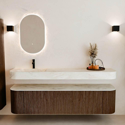 MONDIAZ THOR-DLUX Meuble de salle de bains 180cm arrondi gauche + droite couleur Walnut avec 2 tiroirs et 2 portes. Vasque suspendue CLOUD Gauche 1 trou de robinet couleur Ostra.